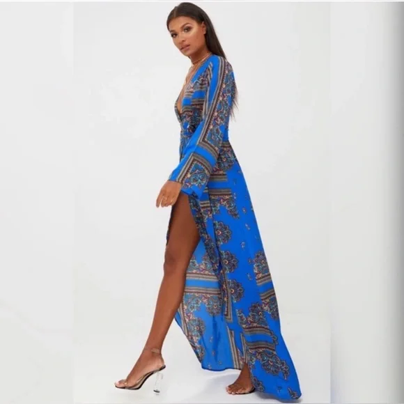 Pretty Little Thing Cobalt Print Satin Kimono Maxi Dress - Picture 2 of 6